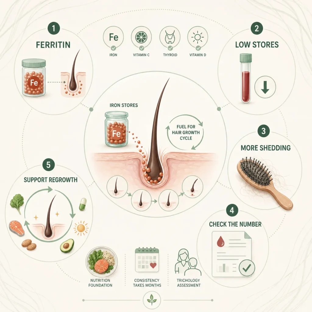 Infographic explaining ferritin levels iron stores and hair shedding in women