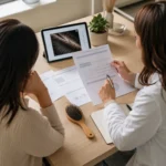 Woman reviewing ferritin blood test results while concerned about hair shedding