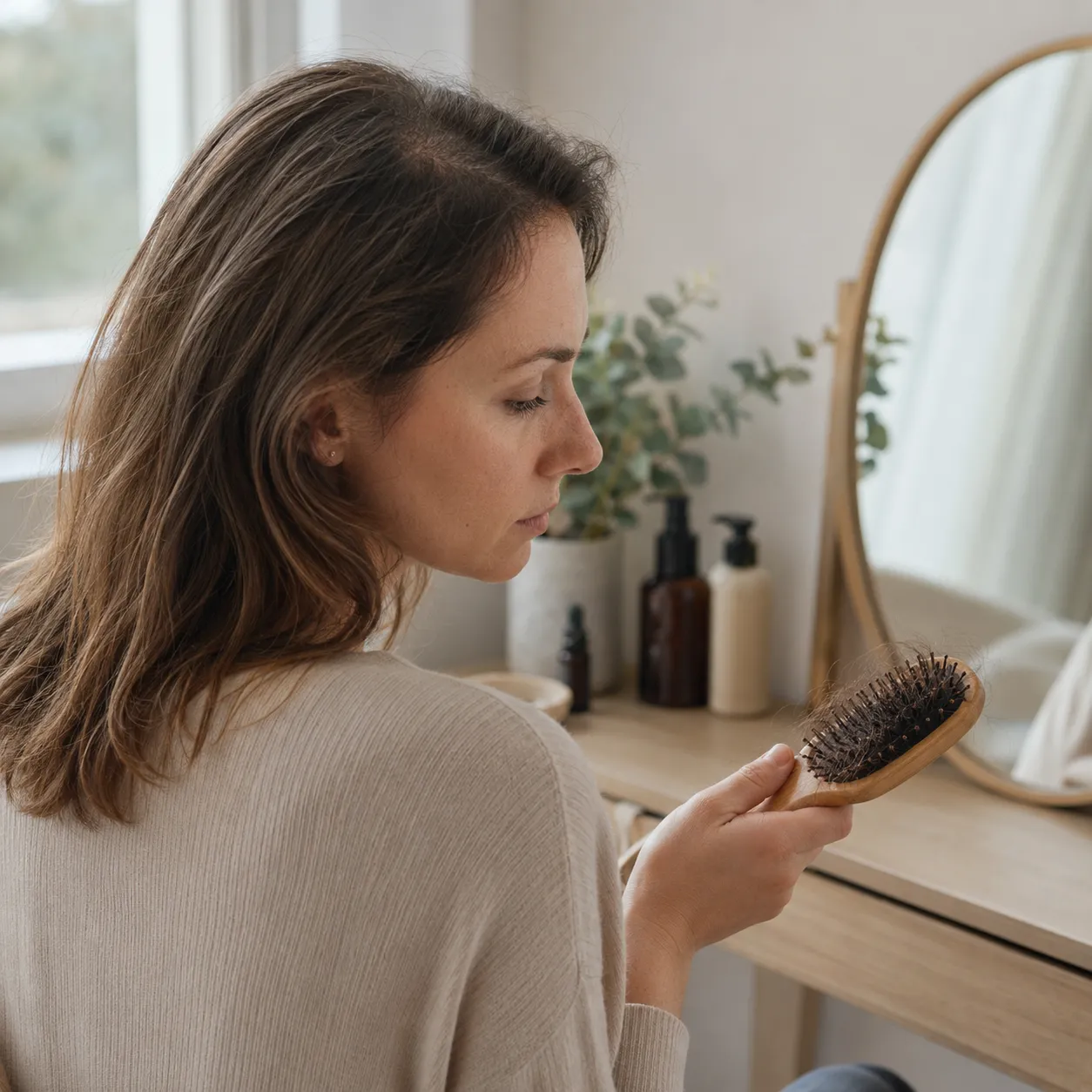 Woman in her 30s noticing hair thinning and shedding in a calm natural setting