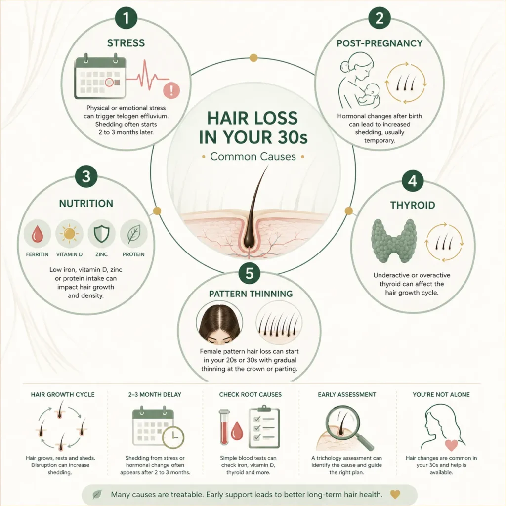 Infographic showing common causes of hair loss in women in their 30s including stress hormones nutrition thyroid and female pattern hair loss