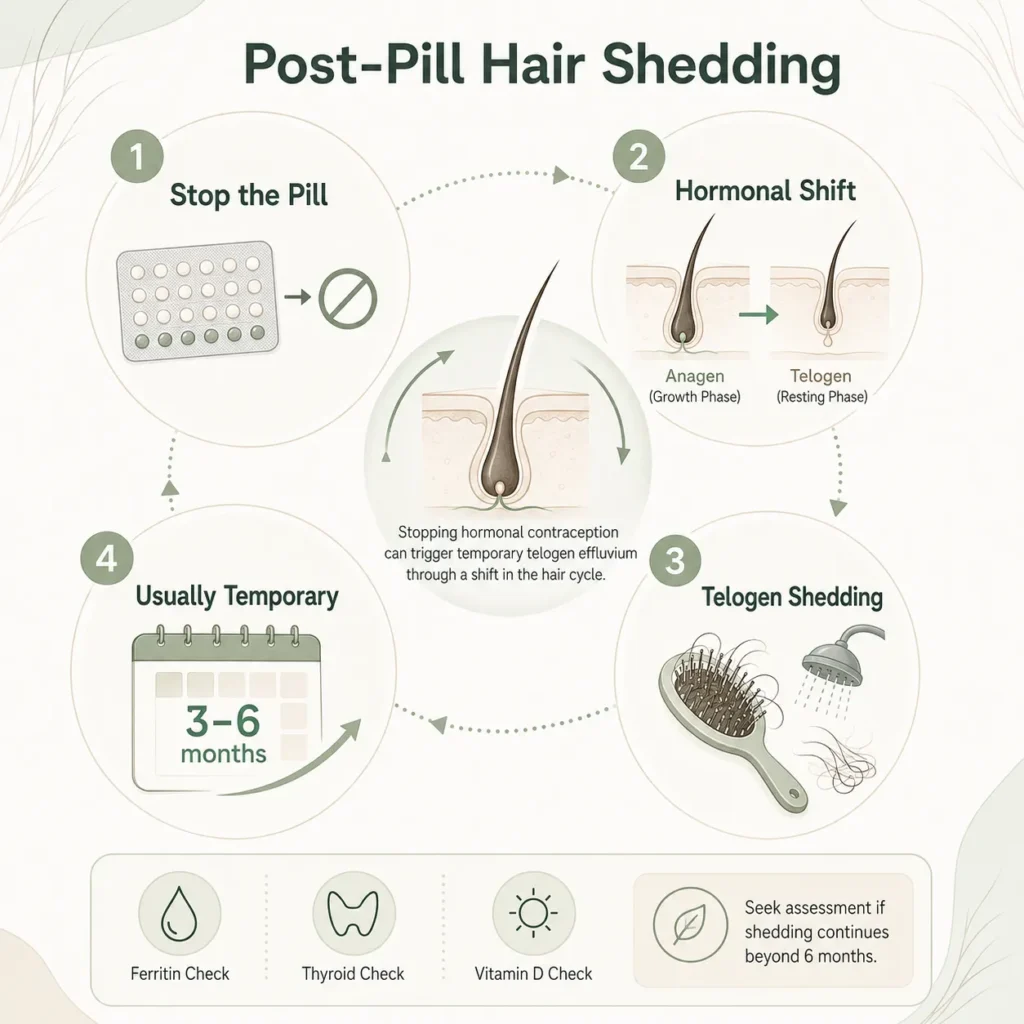 Infographic explaining post-pill hair shedding timeline, hormonal change and when to seek help