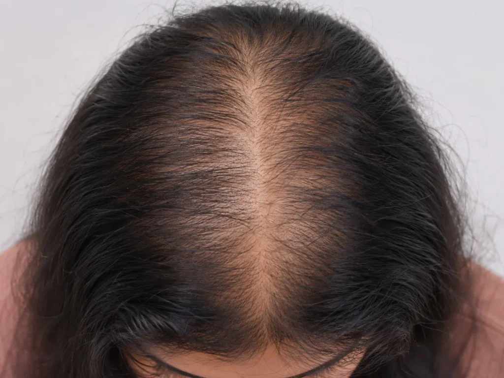 Woman with crown thinning associated with PCOS being assessed by trichologist at Hair & Scalp Clinic Huntingdon