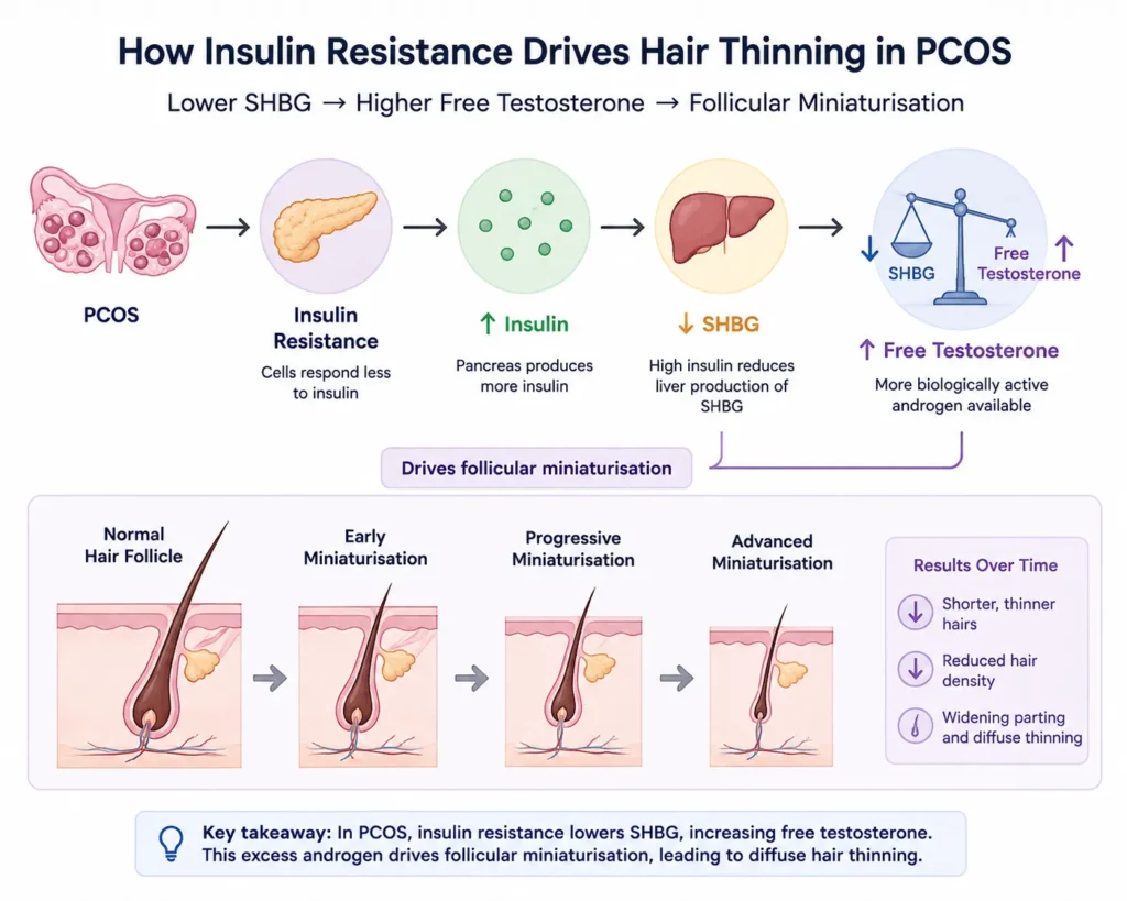 Diagram showing how elevated androgens in PCOS cause follicular miniaturisation and gradual hair thinning