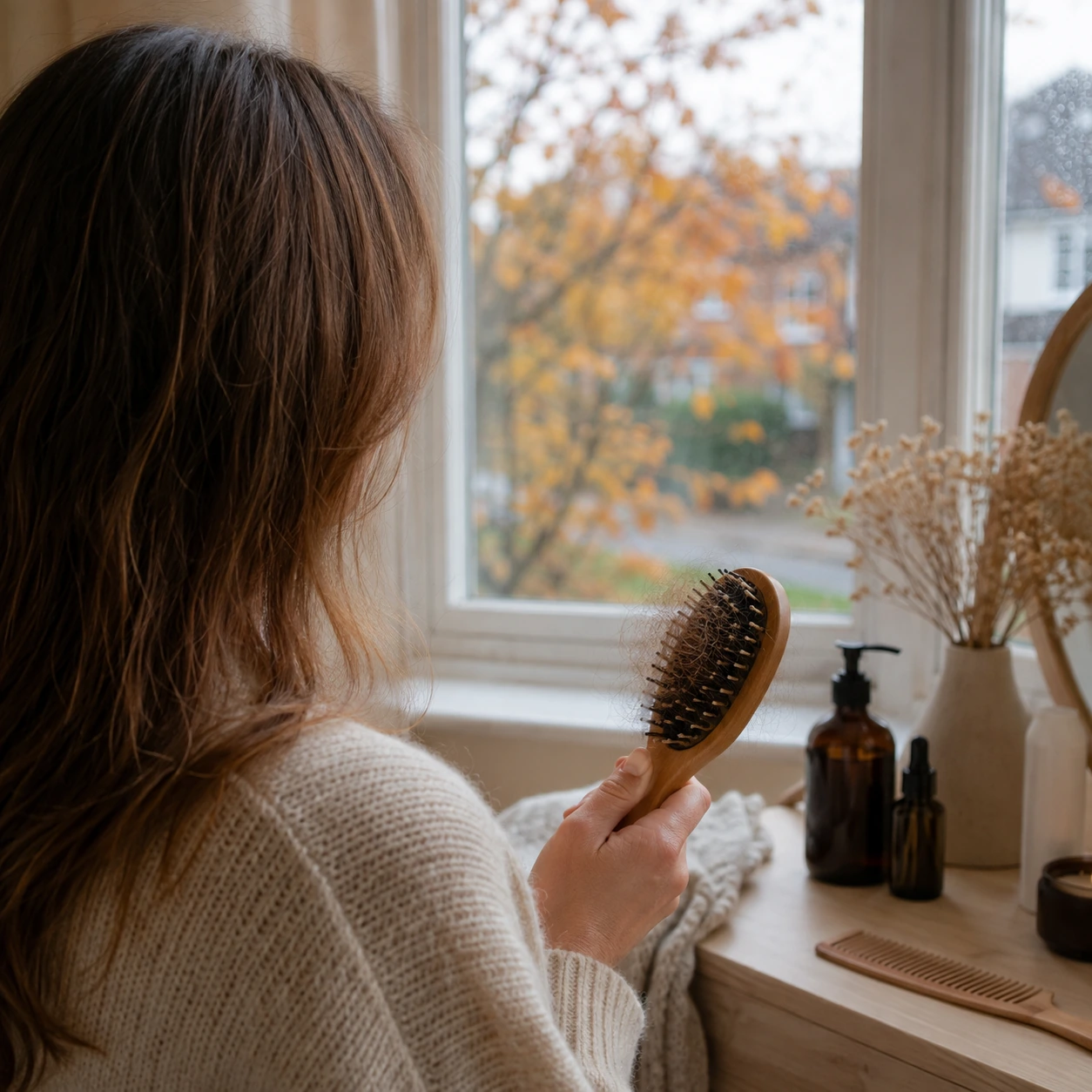 Woman noticing increased hair shedding on brush during autumn months