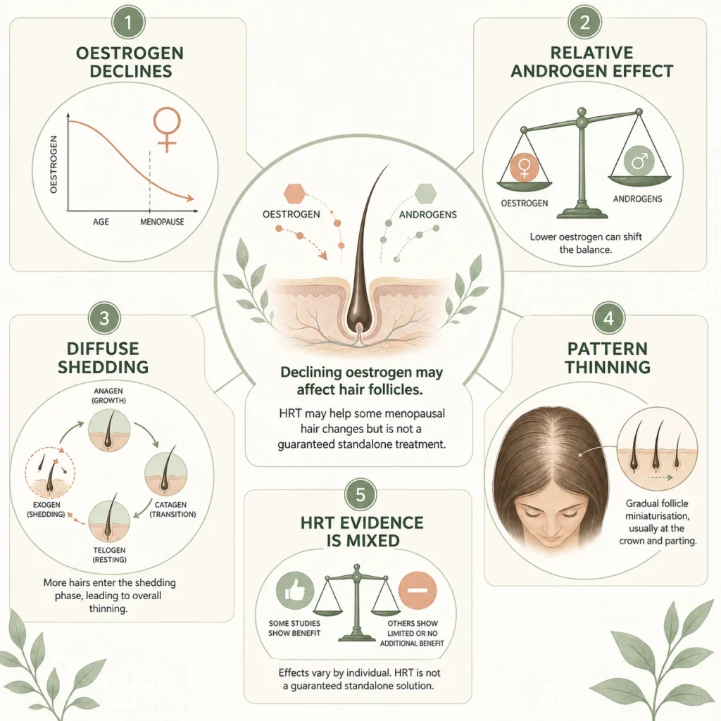 Trichologist discussing HRT and hair loss evidence with patient at hair and scalp clinic