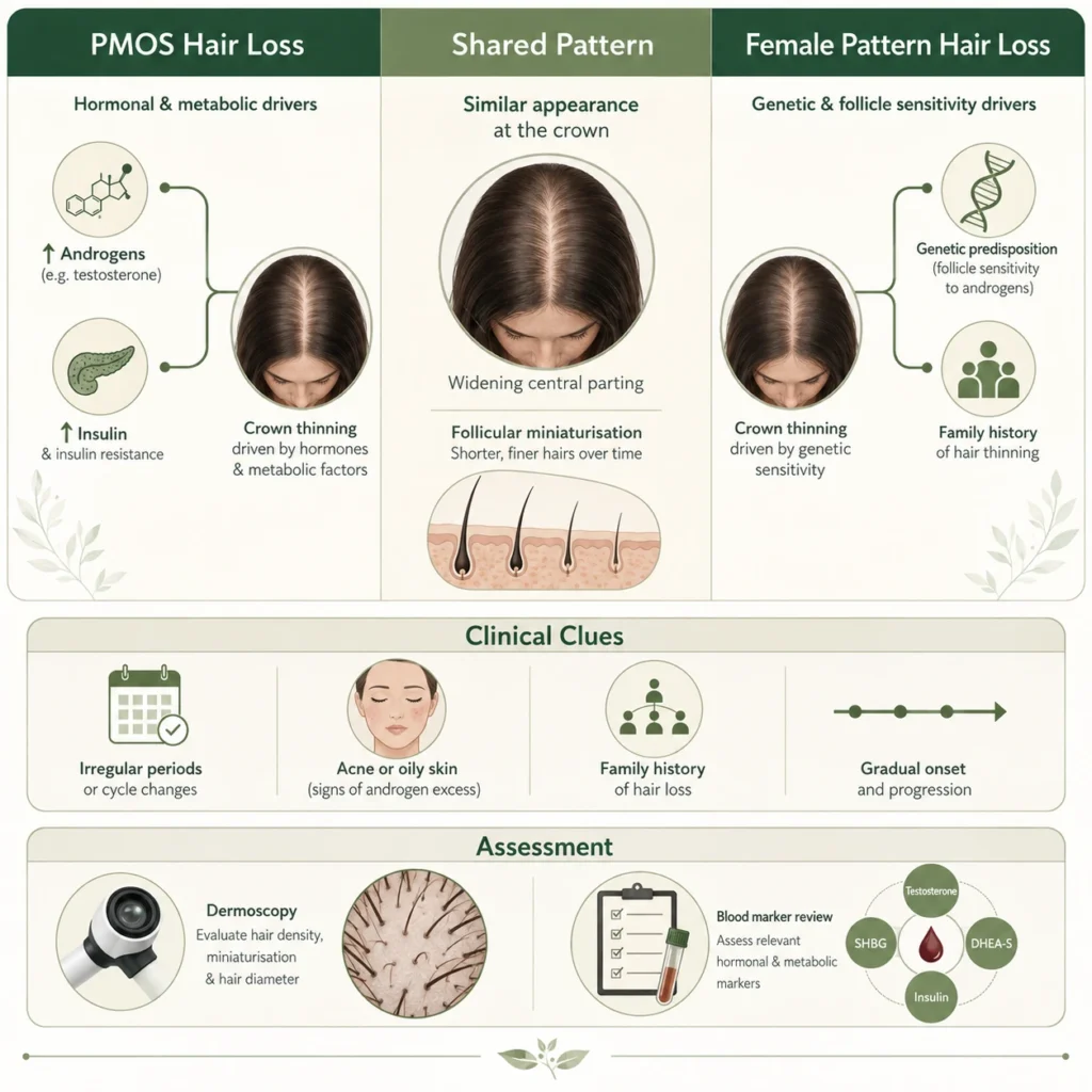 Trichologist assessing hair loss pattern to distinguish hormonal causes at hair and scalp clinic