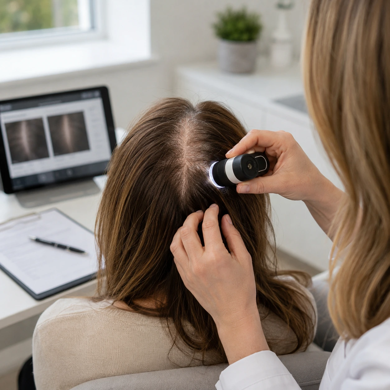 Woman comparing crown thinning patterns associated with hormonal hair loss