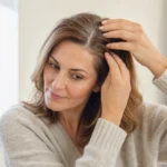 Woman checking her hair parting to assess normal daily hair shedding
