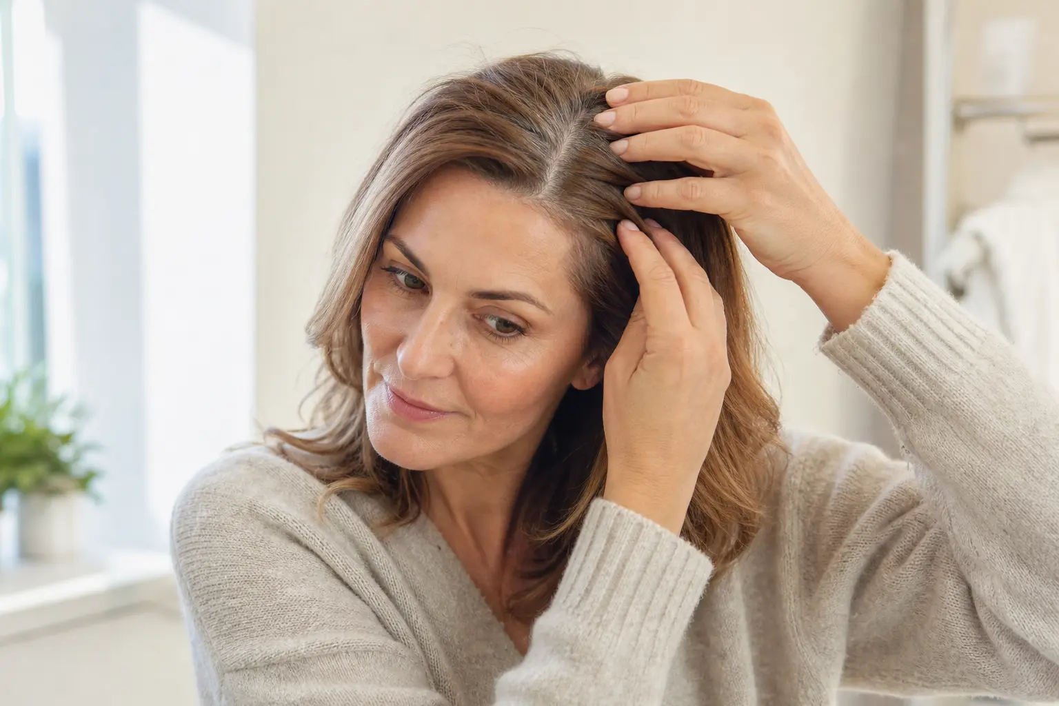 Woman checking her hair parting to assess normal daily hair shedding