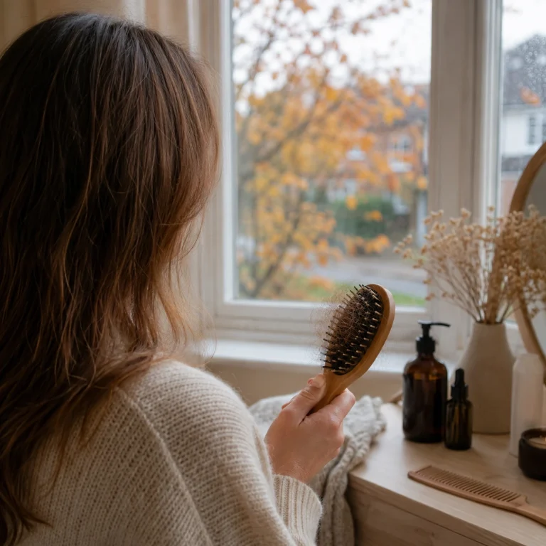 Woman noticing increased hair shedding on brush during autumn months
