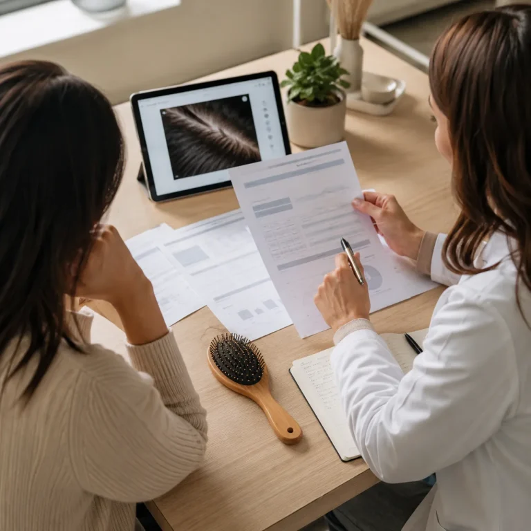 Woman reviewing ferritin blood test results while concerned about hair shedding