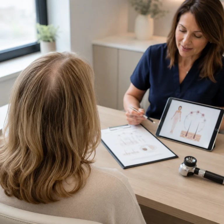 Woman in perimenopause examining hair thinning at crown and parting