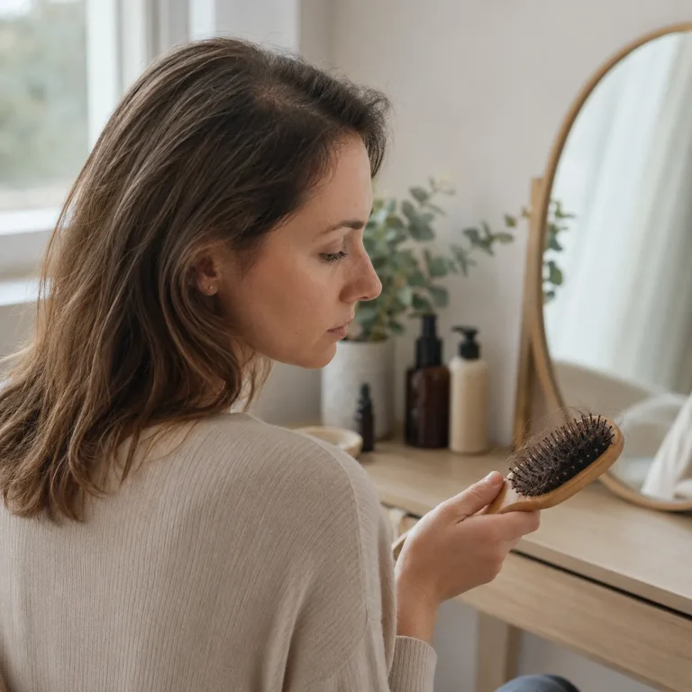 Woman in her 30s noticing hair thinning and shedding in a calm natural setting