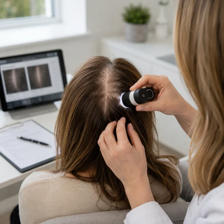 Woman comparing crown thinning patterns associated with hormonal hair loss